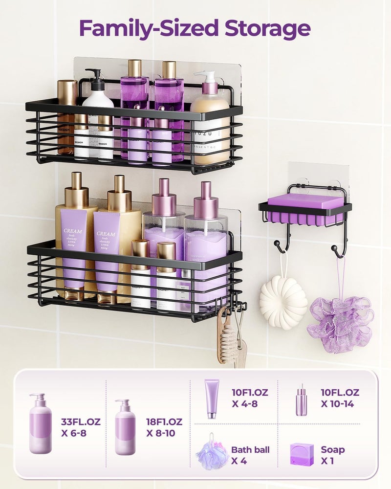 ODesign Shower Caddy 3 Pack SUS304 Stainless Steel-No Drilling-Shower Bathroom Shelves Rack,Rustproof Wall Mounted,Adhesive Shower Shelf Basket Organizer-Black - Image 5